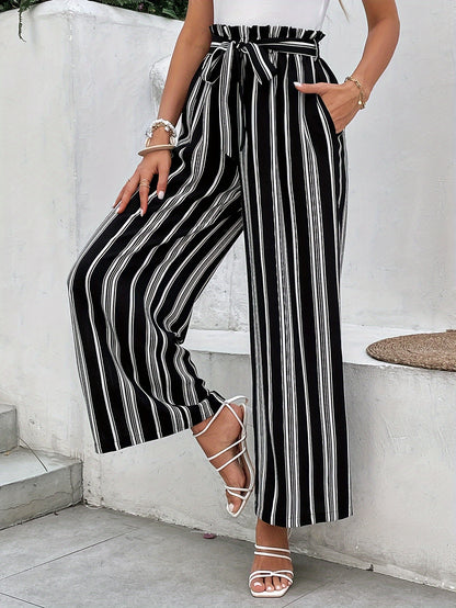 Vacation Style Striped Belted Pants, Women's Clothing