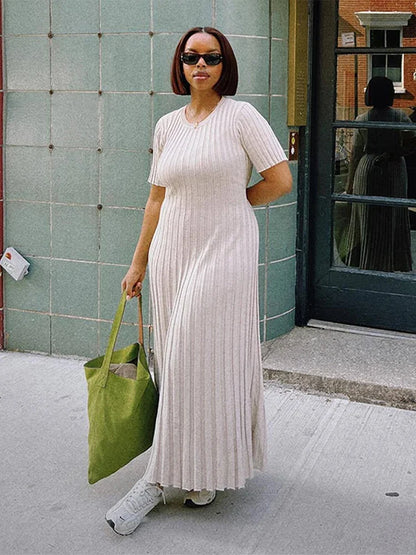 Long Dress Short Sleeve Pleated Lady Dresses 2024 Fashion Spring Summer