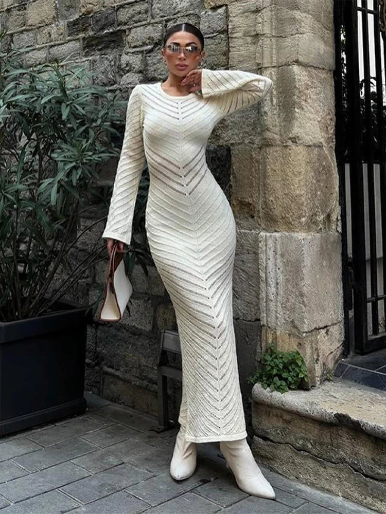 Fashion Hollow Out Knitted Midi Dress for Women