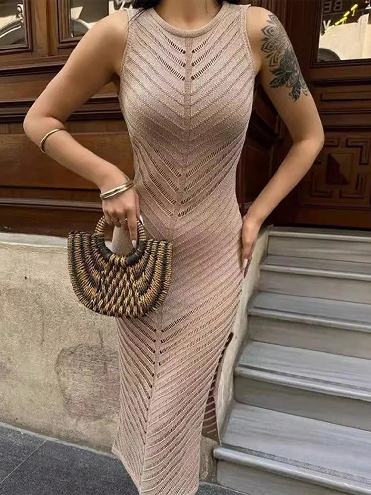 Fashion Hollow Out Knitted Midi Dress for Women