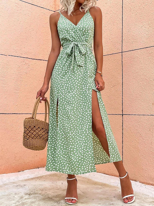 Summer Floral Print Long Dress Women Sexy Backless Bandage Slit Beach Sundresses Casual Elegant Black V Neck Sleeveless Dress