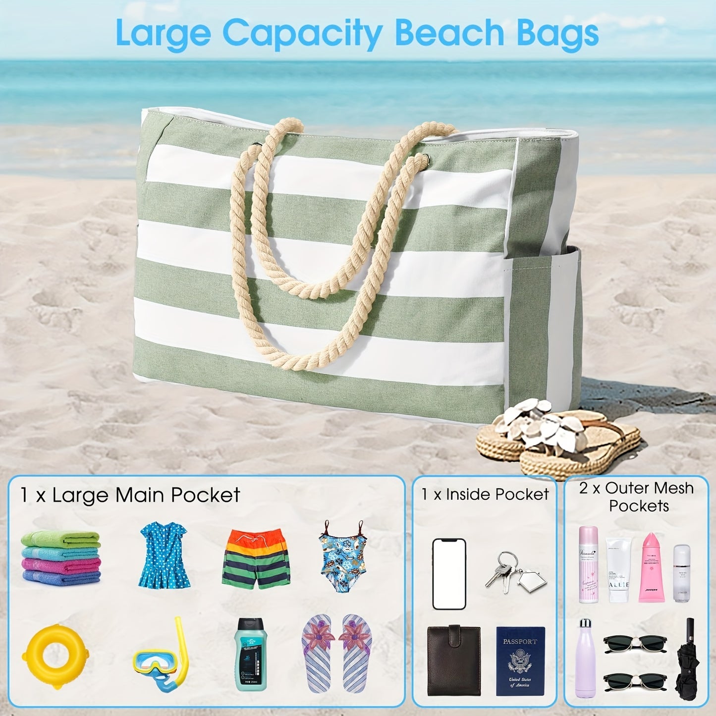 Beach Bag, Waterproof Large Zipper Handbag, Foldable Shoulder Bag Tote Bag For Outdoor Shopping Camping Travel