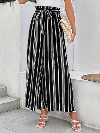 Vacation Style Striped Belted Pants, Women's Clothing