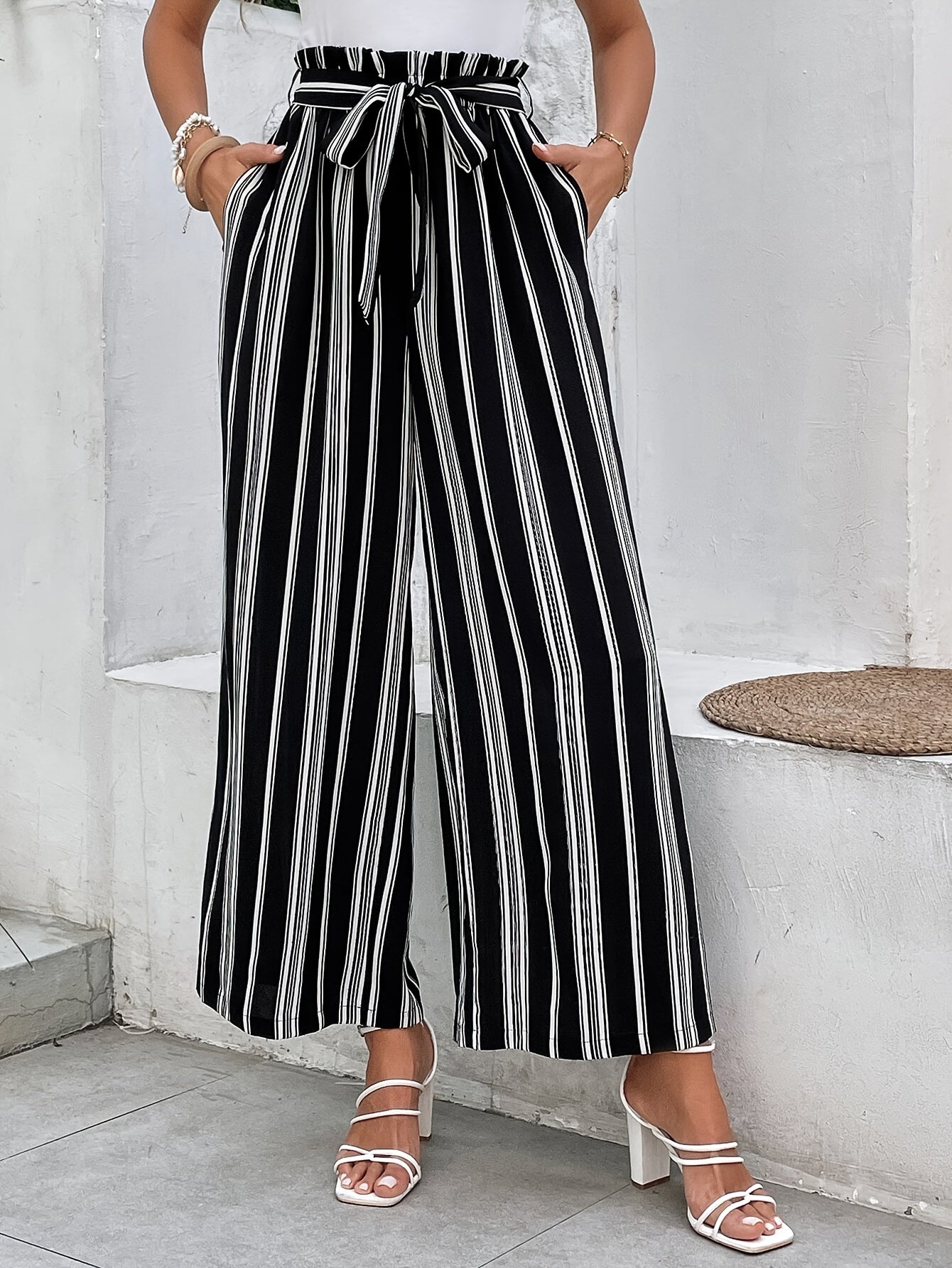 Vacation Style Striped Belted Pants, Women's Clothing