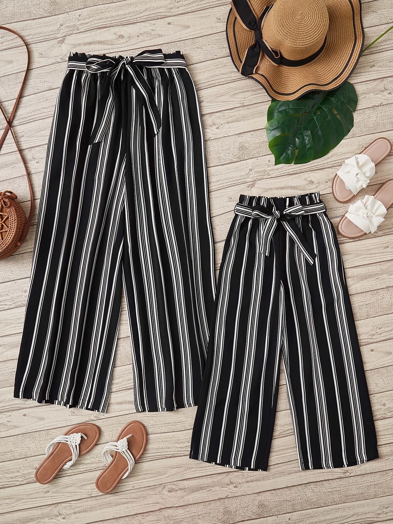 Vacation Style Striped Belted Pants, Women's Clothing